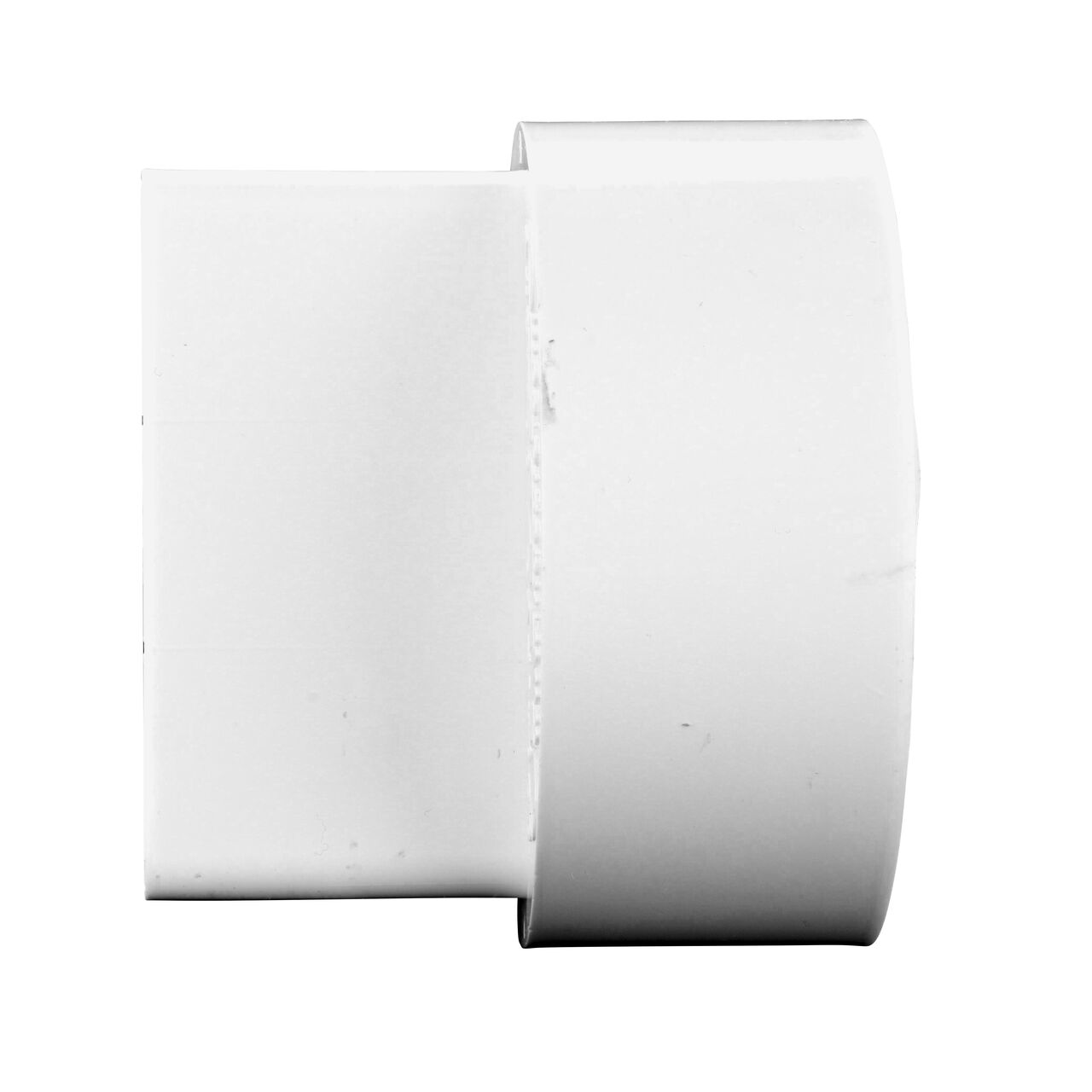Side view of the NDS downspout adapter showing either end that connects to a 2X3 in. downspout and a 4 in. S&D hub (NDS 9P04)