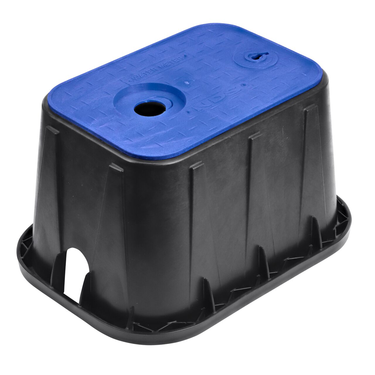 The NDS 14 in. X 19 in. Rectangular Meter Box and Locking AMR Cover is a 12 in. high Black Box and Blue Cover with Water Meter markings on the lid (NDS D12AMR-OLLOCTRBLU) with a 4 in. recess, 2 in. touch reader hole