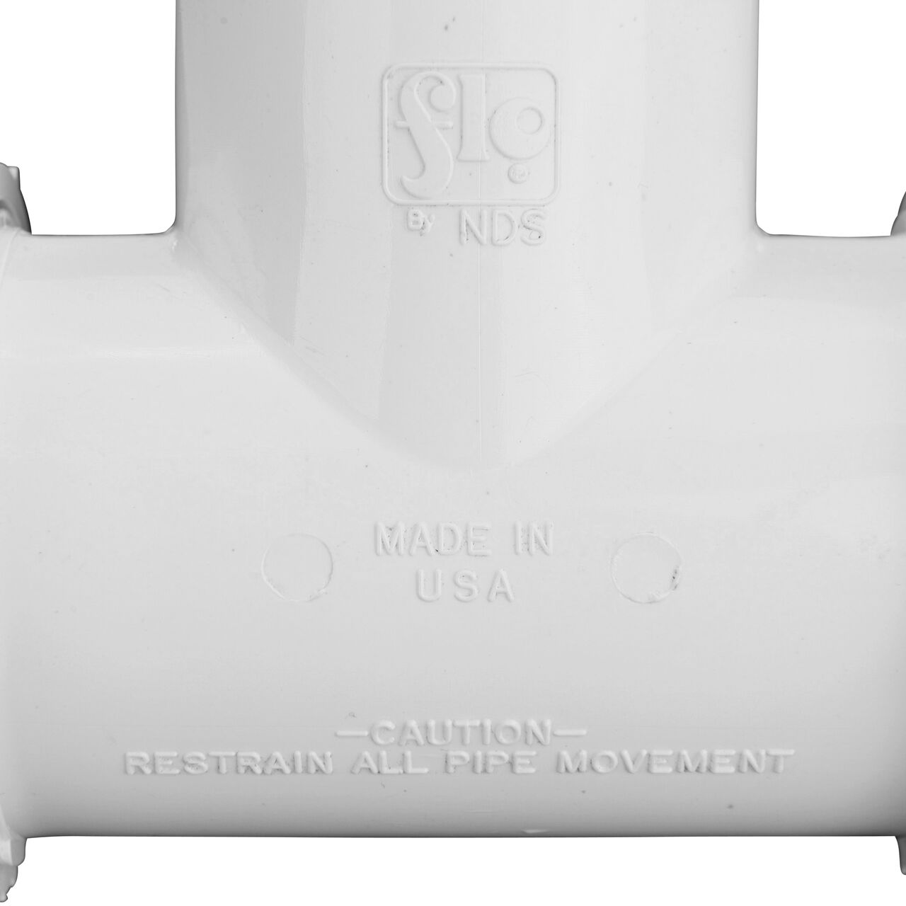 Closeup view of The NDS PVC Threaded Tees 1-1/2 in. IPS UC X FPT showing that it is made in the USA as part of a complete flow management system for pool, spa, irrigation, and plumbing applications (NDS CPT-1500-T)