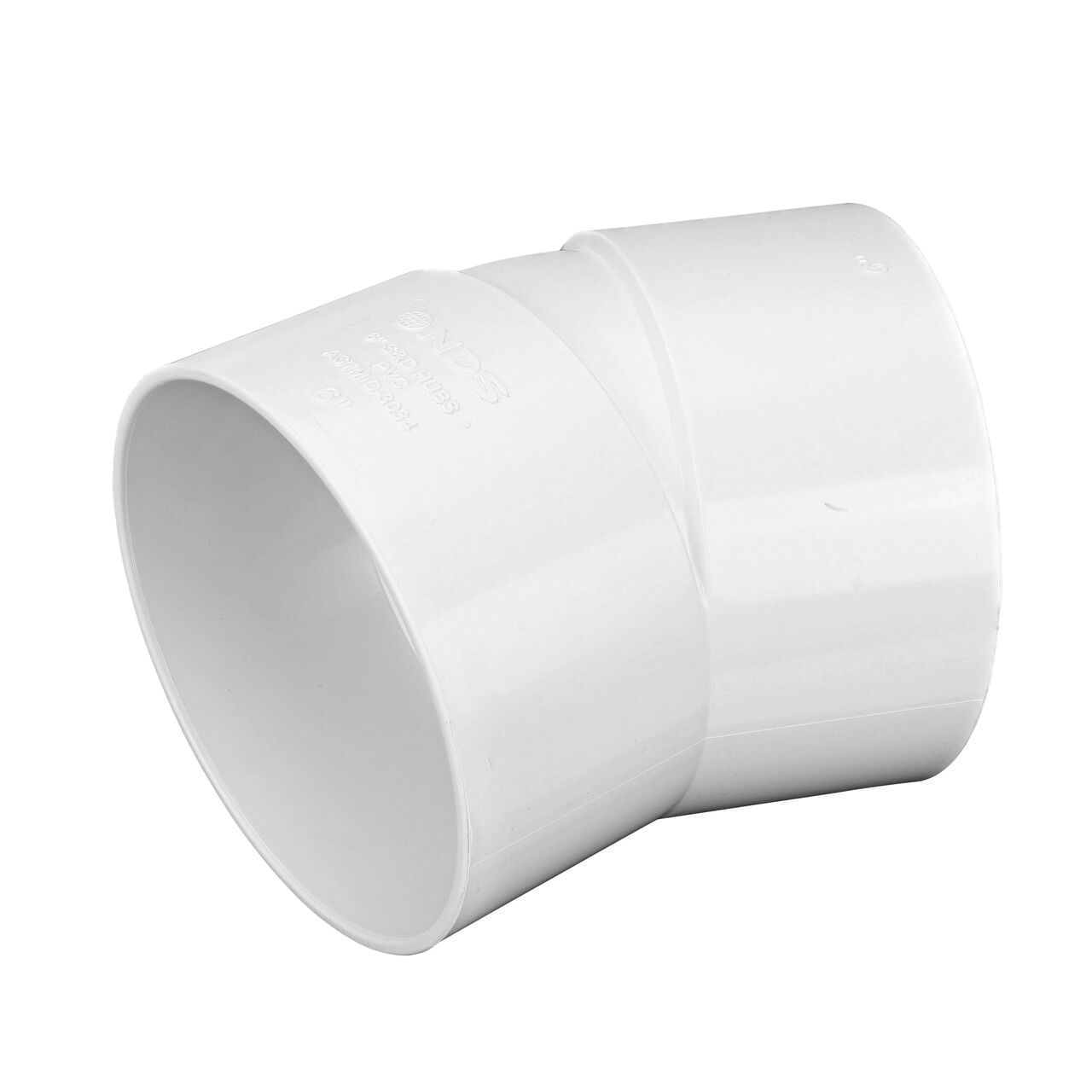 Alternate view of the PVC 22.5° elbow which connects 6 in. Sewer and Drain pipes, Hub X Hub connection (NDS 6P04, NDS L6P04)