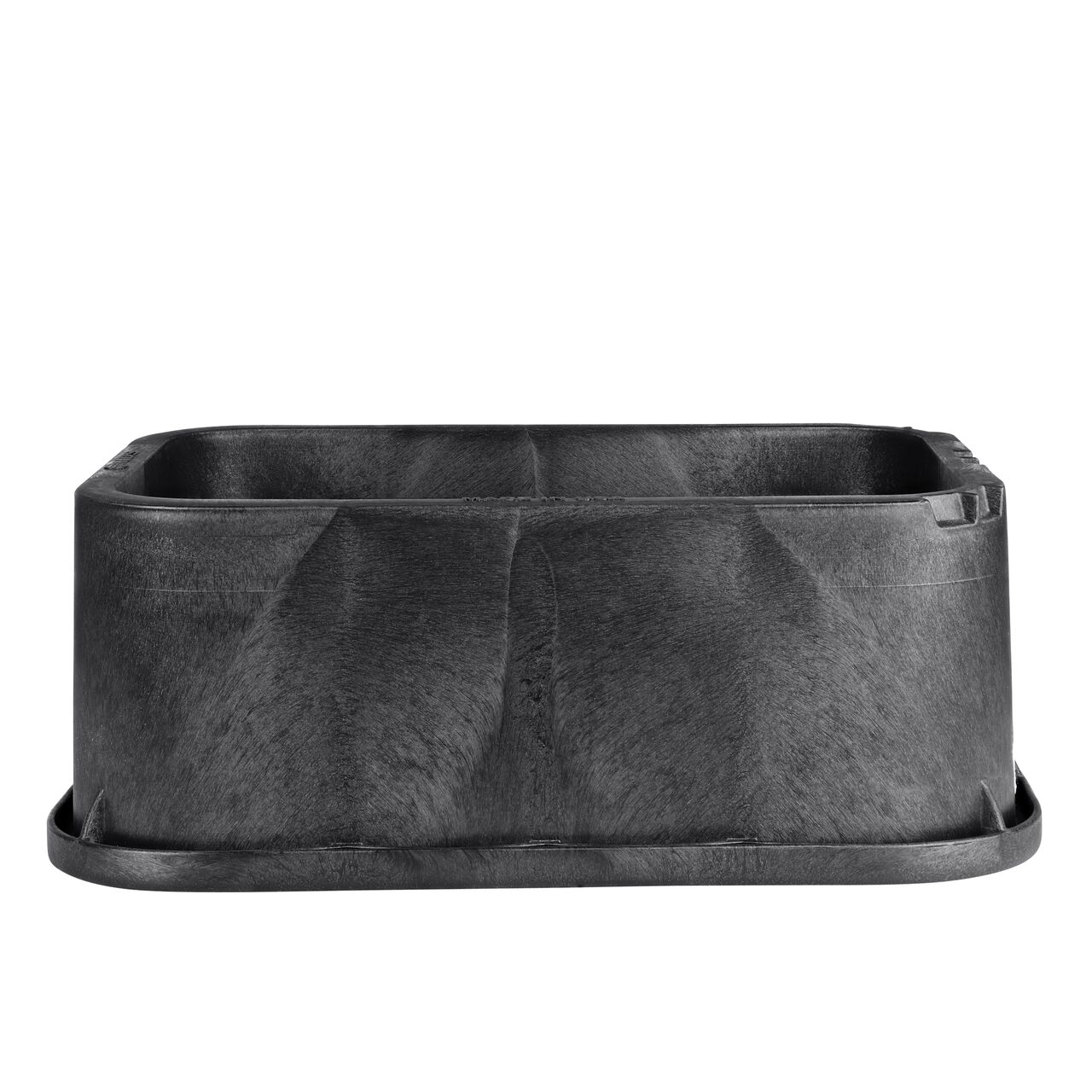Side view of the pipe hole side on the NDS Black plastic 14 X 19 in. Rectangular Standard Series Valve Box (NDS 113-6) available to connect valves to your irrigation system