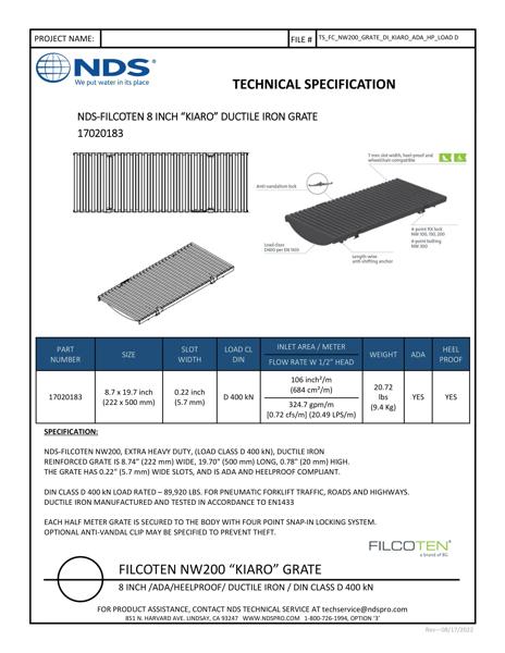 NDS BG-FILCOTEN® 200 Trench Drain Grate Decorative Kiaro Slot Design Ductile Iron Tech Spec