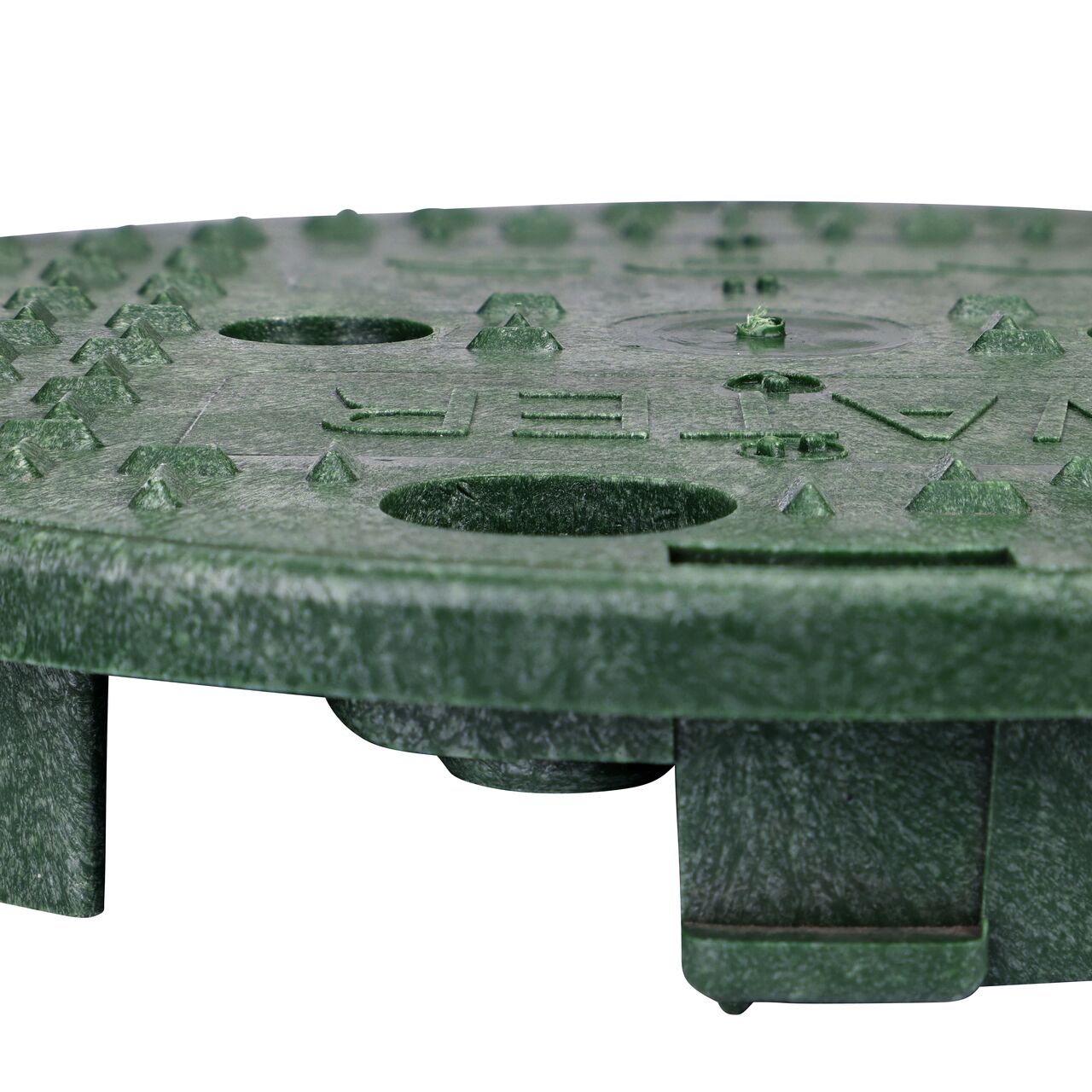 The NDS 10 in. Round Standard Series green water valve box Cover (NDS 111CW) is an overlapping lid shown here from the side, that prevents dirt and debris from entering the valve box