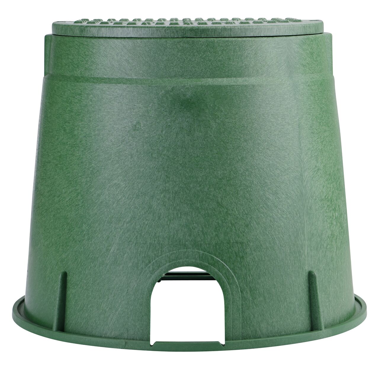 Side view of the pipe hole side of the NDS 10 in. Round Standard Series Valve Box & Irrigation Control Valve Cover (NDS 112BCB) rugged enclosure that features a pipe hole for water and irrigation pipe connections