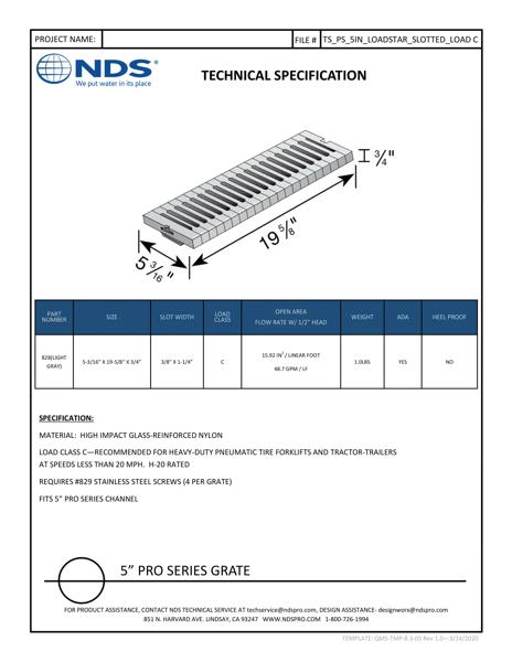 NDS 5 in. Pro Series™ Channel Drain Grate Load Stay Nylon Tech Spec