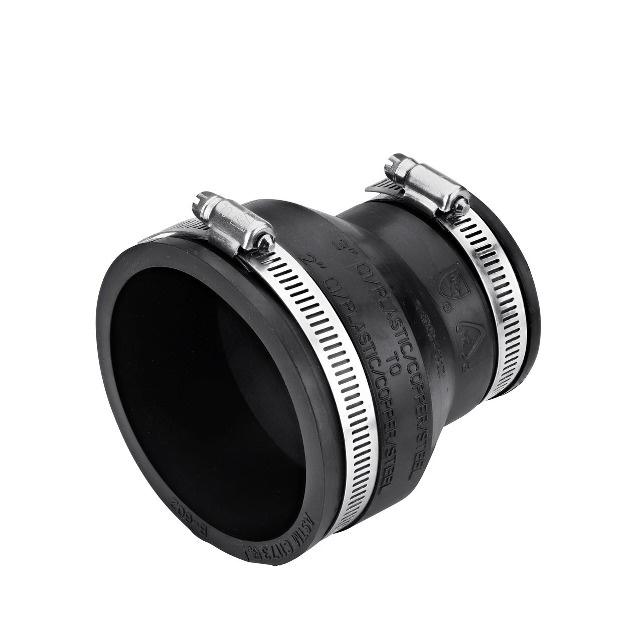 The NDS 3 in. X 2 in. stainless steel flex coupling connects two cast iron/sewer and drain or DWV/copper/steel/lead pipes and includes clamps tighten to secure coupling onto pipe (NDS 56-32)