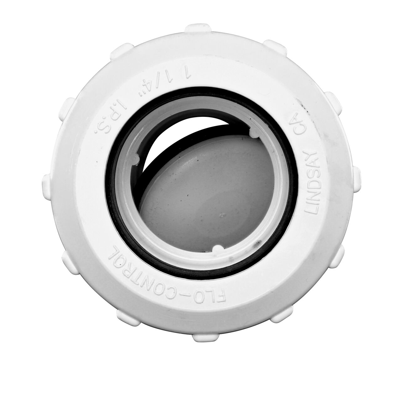 NDS White 1-1/4 in. PVC Compression Swing Check Valve (NDS 1500-12) showing how the water is conveyed through the valve when the flapper swings open