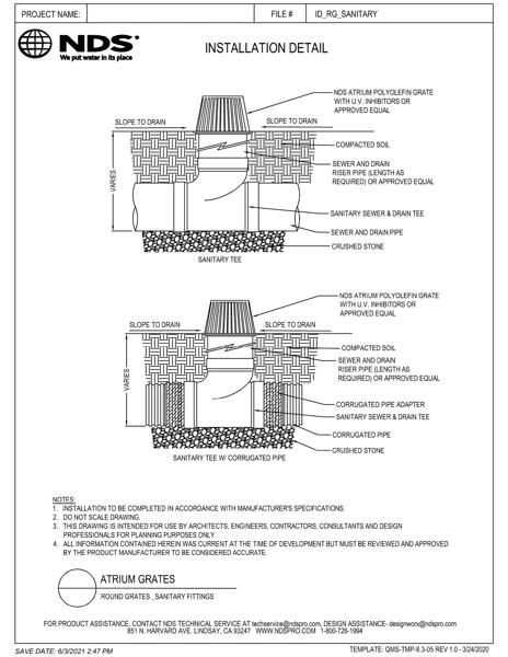 NDS Round Drainage Grates for Sanitary Pipes & Fittings Installation Detail DWG