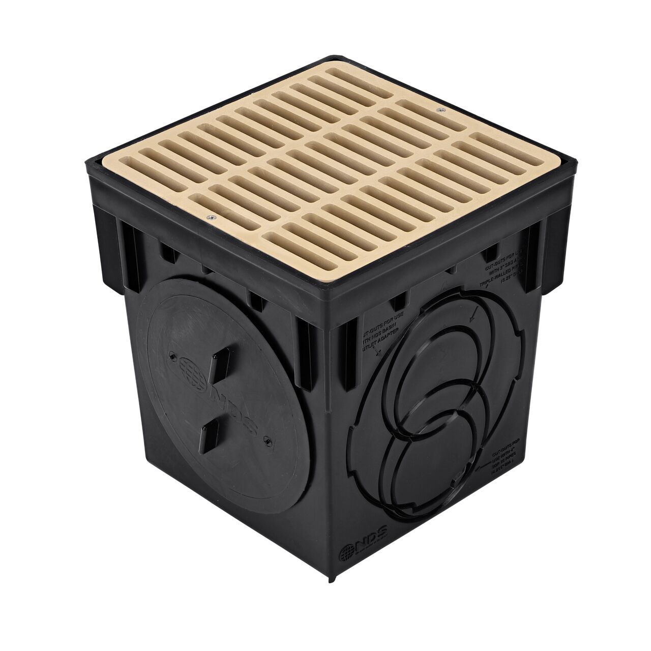 Use the plug on the NDS 9 in. Catch Basin Drain Kit with sand plastic grates (NDS 900SKIT) to seal off one end of the catch basin drain, controlling the flow of stormwater to the pipes desired