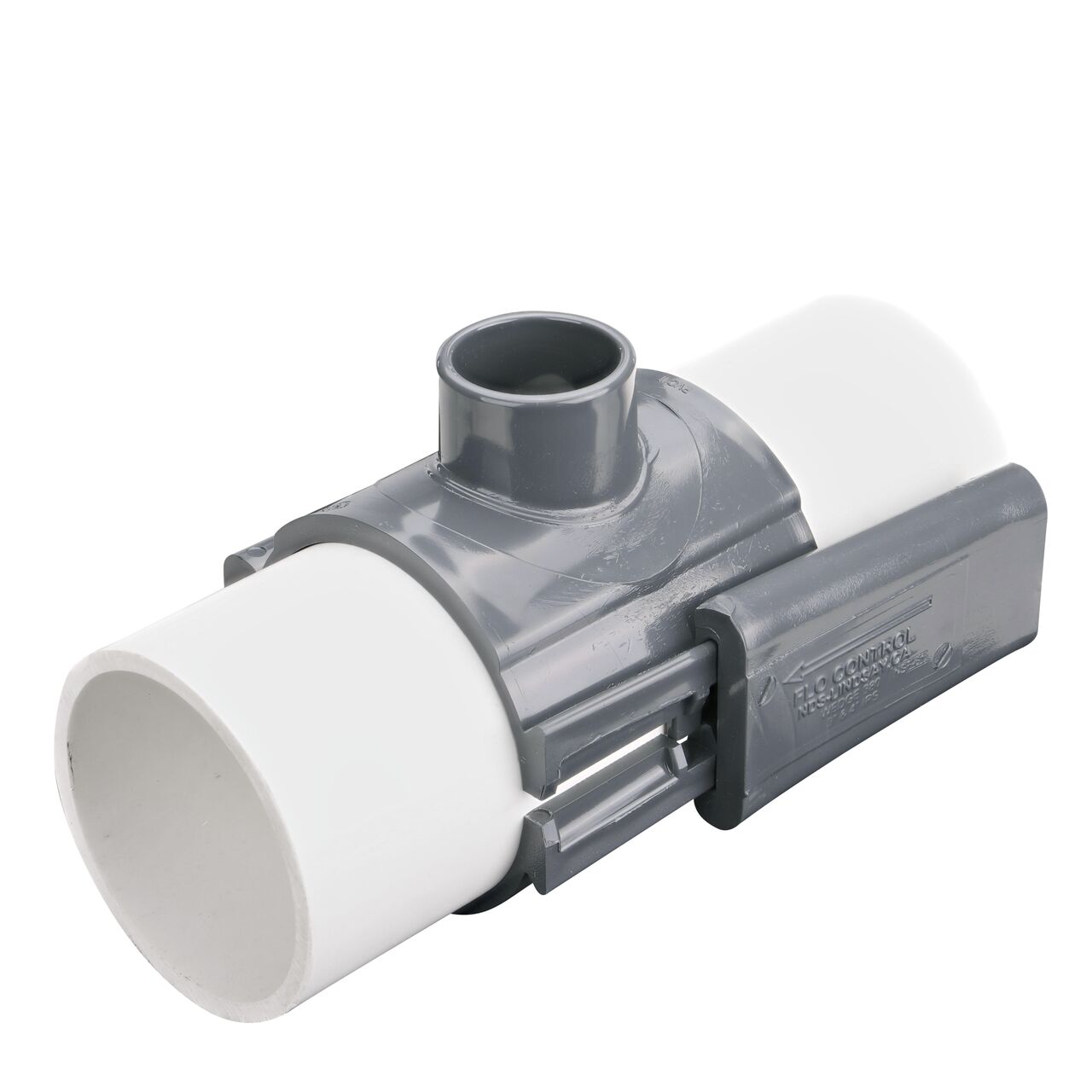 The NDS Clamp-It™ Rigid PVC Saddle with 1-1/2 in. slip connection on top (NDS 454015) installed onto 4 in. PVC pipe with the wedge closure half-way secure
