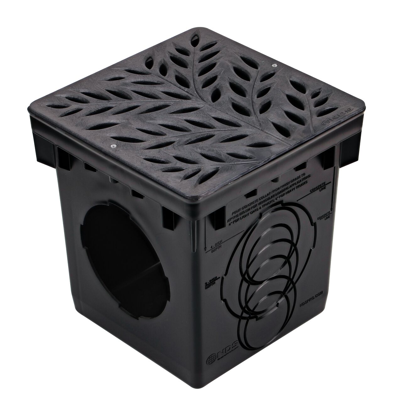 Alternate shot of NDS 12 in. Square Catch Basin Drain Grate, Decorative Botanical Design, Black Plastic (NDS 1218) installed on a 12 in. Catch Basin Drain with 2 openings (NDS 1200)