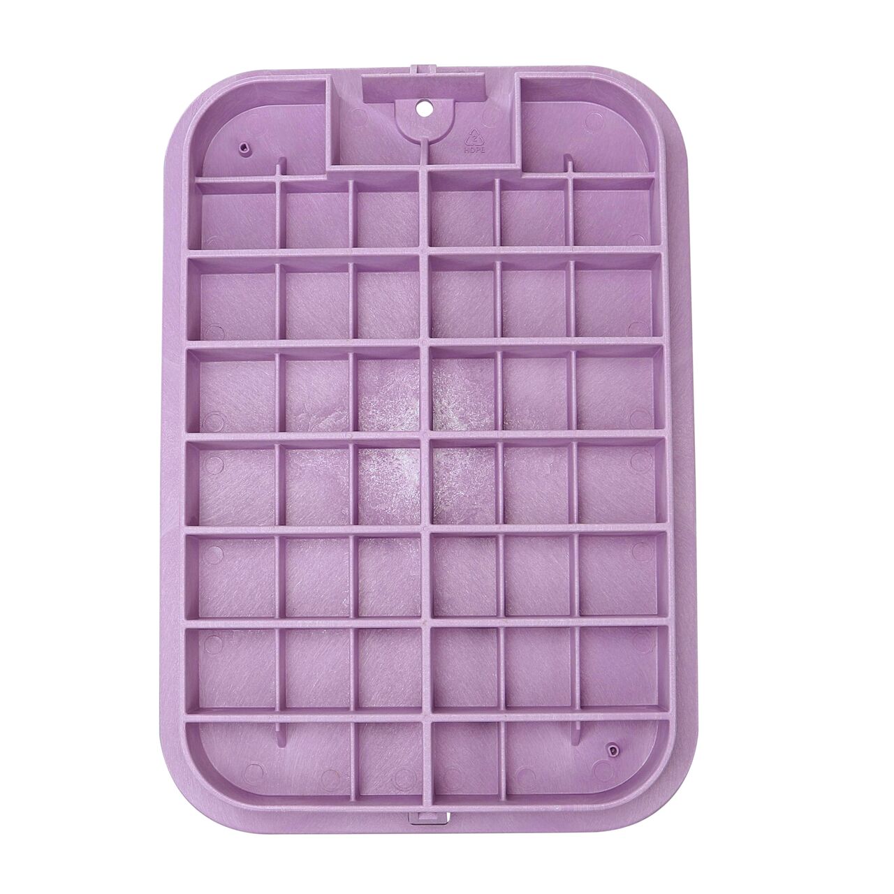 Top down view of the underside side of the Purple Reclaimed Water cover (NDS 117PBCR) for the NDS 13 in. X 20 in. Rectangular Standard Series Jumbo Valve Box, showing reinforcing ribs that are load rated to withstand pedestrian traffic and the rigors of lawn care equipment