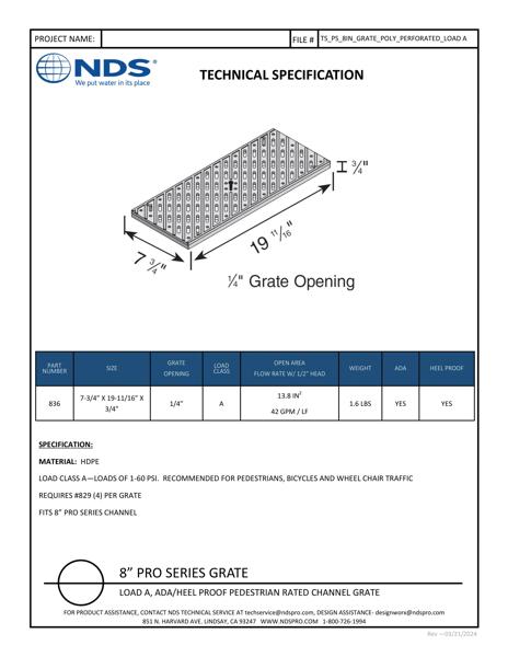 NDS 8 in. Pro Series™ Channel Drain Grate Plastic Tech Spec