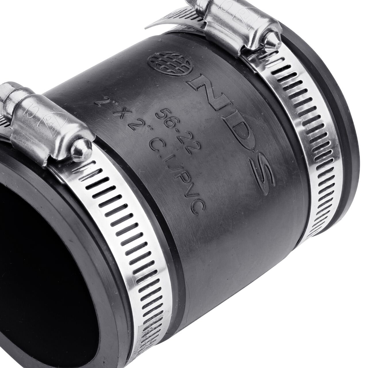 The clamps on the NDS 2 in. flex coupling for cast iron/sewer and drain or DWV/copper/steel/lead pipes can be tightened with screwdriver, 5/16 in. nut driver or socket to 60 inch-lbs. torque (NDS 56-22)