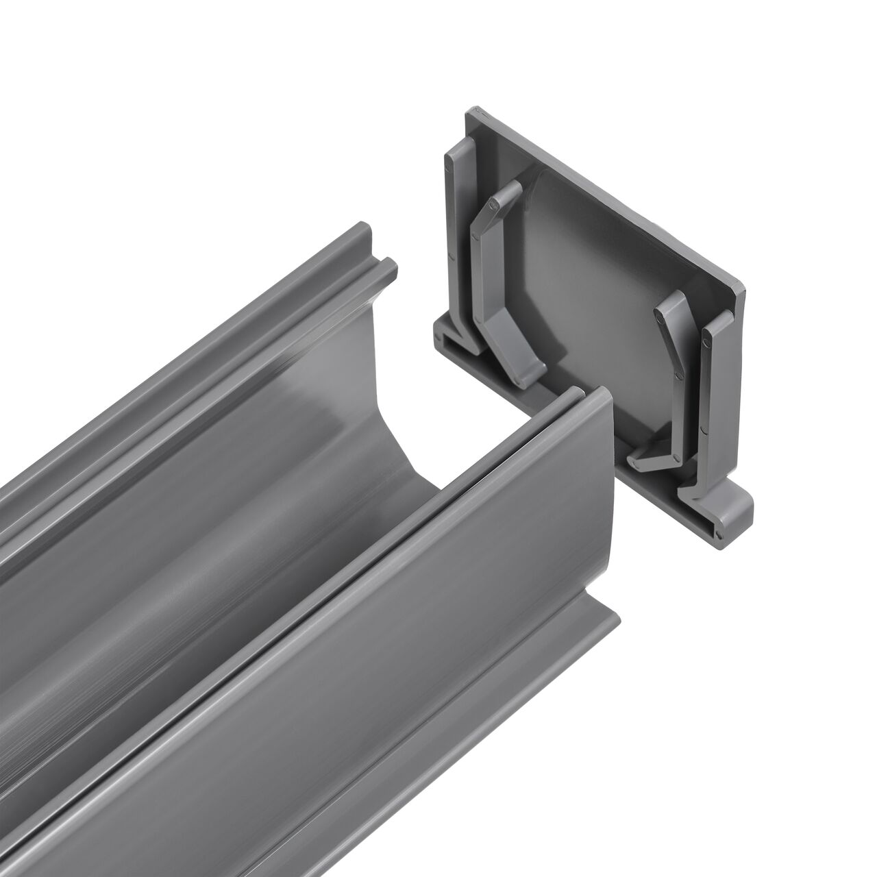 NDS Gray Mini Channel™ Drain End Cap (NDS 547, NDS 547*) attached to a mini channel drain and grate
