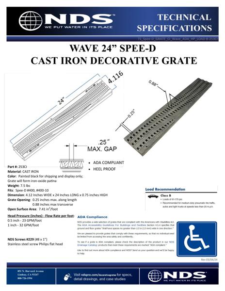 NDS Spee-D® Channel Drain Grate Decorative Wave Design, Cast Iron Tech Spec