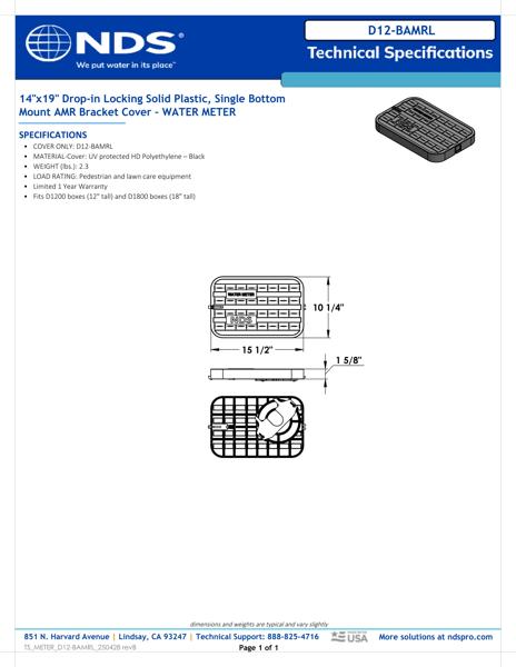 NDS 14 in. X 19 in. Rectangular Meter Box Bottom Mount Drop-in Locking AMR Cover, Black Water Meter Tech Spec