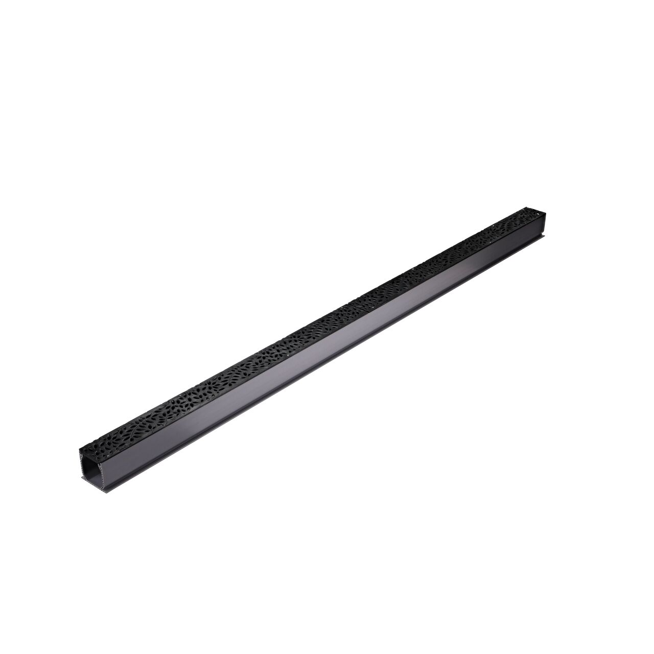 Two Black Botanical Design Plastic Mini Channel™ Drain Grates (NDS 554) as they fit on one Mini Channel™ Drain (NDS 500)