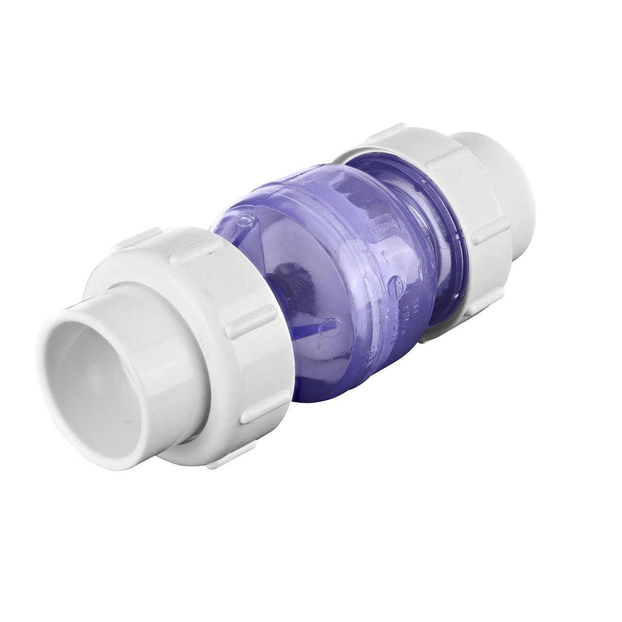 NDS Clear 1-1/2 in. slip end by slip end with 1/2 lb. spring PVC True Union Spring Check Valve (NDS 1700C15) conveys water one-way through pipe and prevents backflow