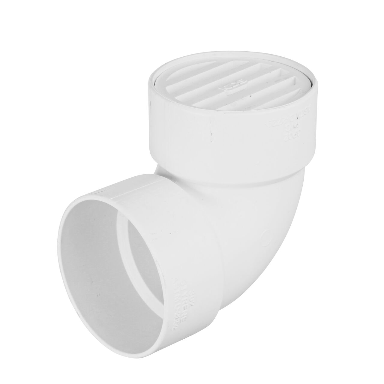 The NDS white 3 in. round grate (NDS 9P12) installed on a NDS 3 in. S&D Elbow Fitting (NDS 3P02); grate fits inside the 3 in. hub
