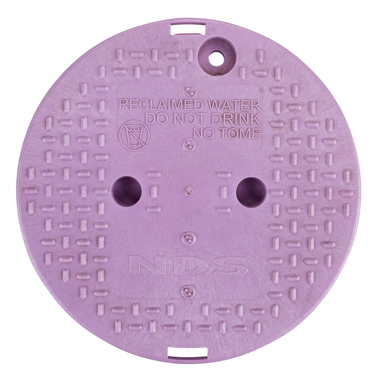 Top down view of the top side of the purple reclaimed water cover with finger indentations to lift and remove lid (NDS 111CR) for the NDS 10 in. Round Standard Series