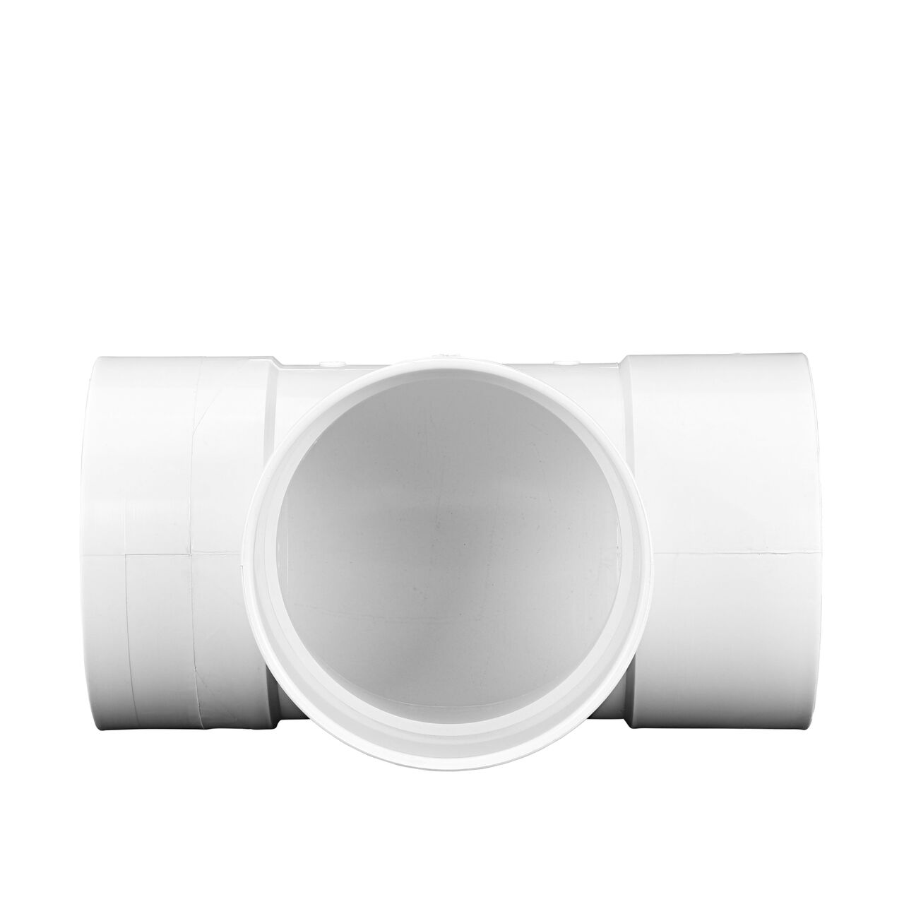 Front view of the middle 8 in. hub connection point on the NDS S&D Tee, connects 8 in. Sewer and Drain pipes, Hub X Hub X Hub connection (NDS 8P01)