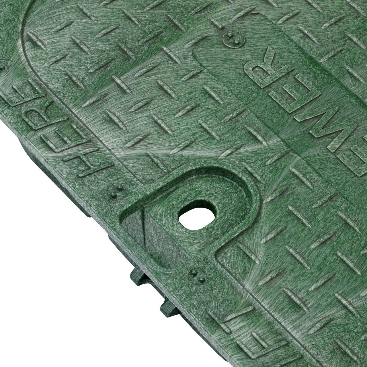 Closeup view of the locking mechanism and bolt hole on the Sewer cover (NDS 314CS) for the NDS 14 in. X 19 in. Rectangular Pro-Spec® Series Valve Box