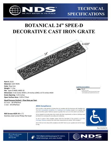 NDS Spee-D® Channel Drain Grate Decorative Botanical Design, Cast Iron Tech Spec