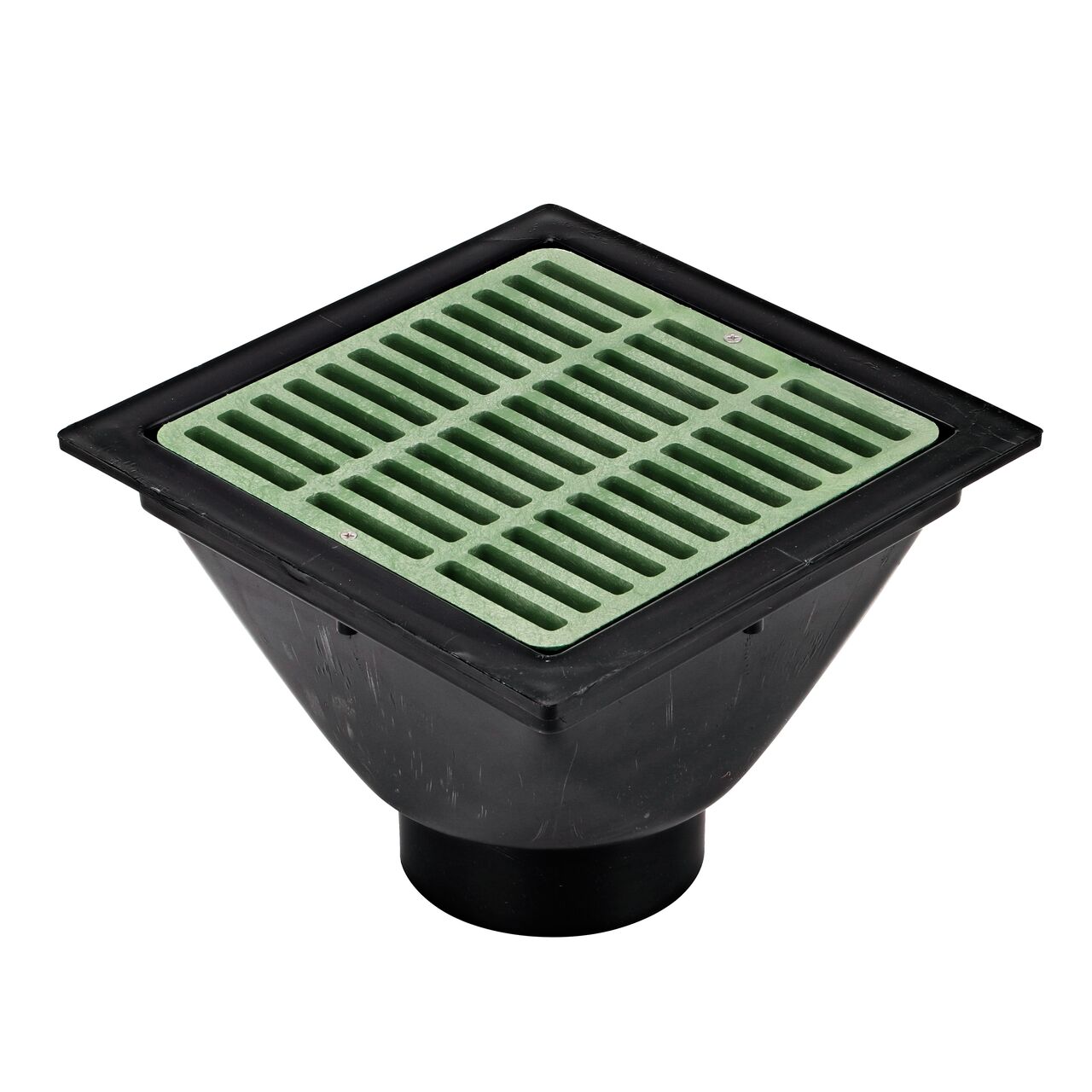 The NDS 9 in. Square Deep-Housing Adapter (NDS 931) with a 9 in. green catch basin grate (NDS 990) installed