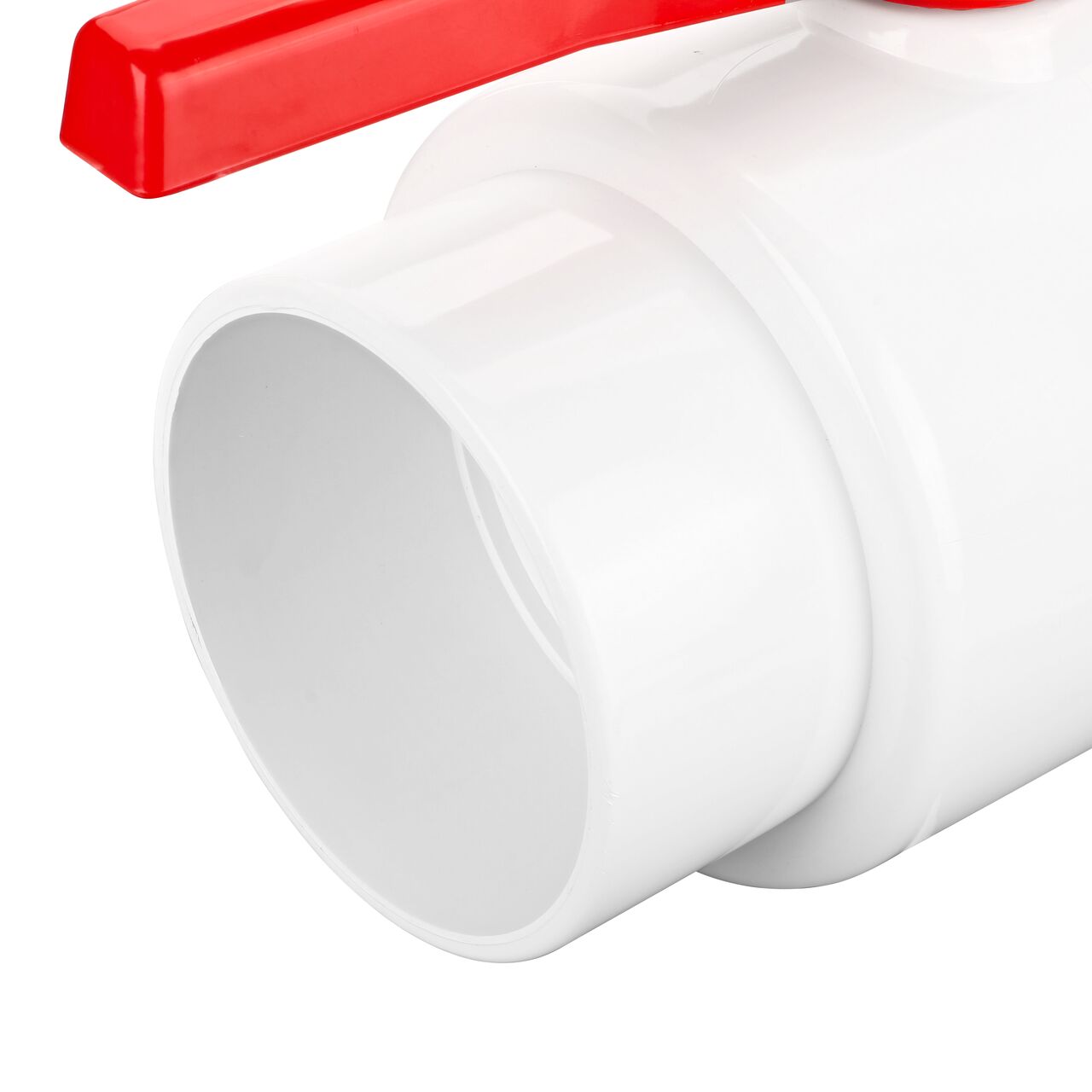 Closeup of the NDS CTS Ball Valve showing the stem that is made of durable PVC material (NDS E1310-60)