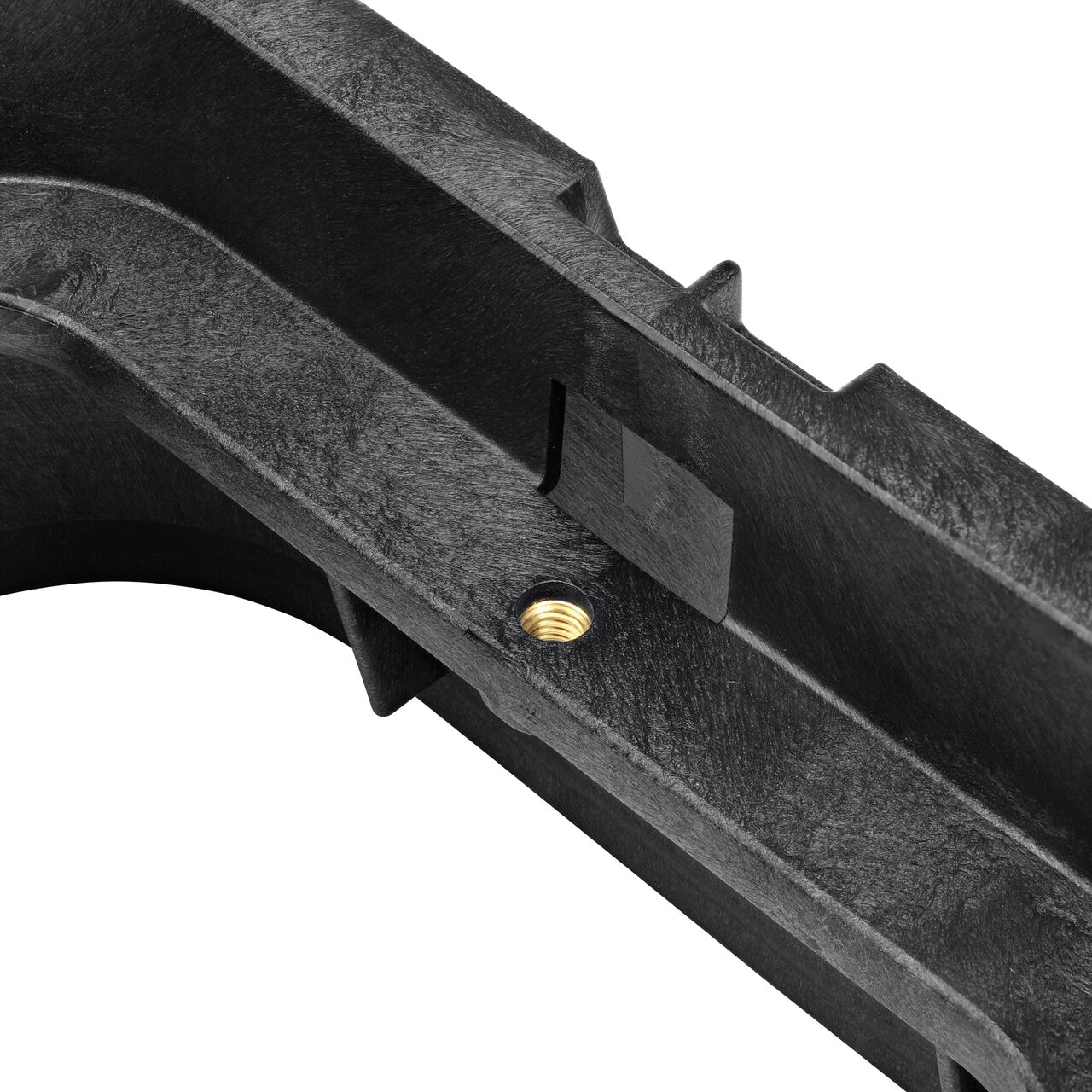 Closeup view on the bolt hole on the NDS Black plastic 14 X 19 in. Rectangular Standard Series Valve Box Extension (NDS 113-6)