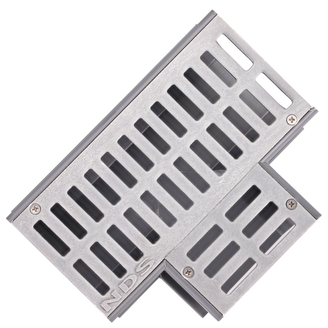 Top down view of the NDS Gray Mini Channel™ Drain Tee and Grate showing grate design (NDS 5370)