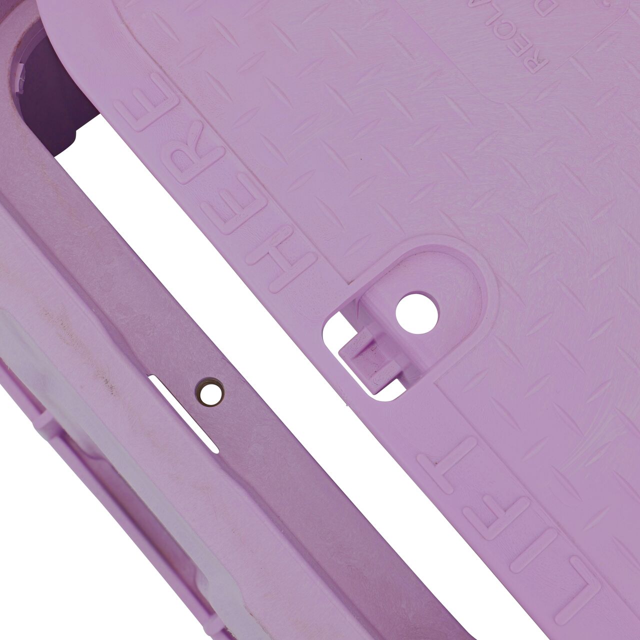Align the bolt hole on the lid with the bolt hole from the NDS 13 in. X 20 in. Rectangular Pro-Spec® Series Purple Box and Purple Reclaimed Water Cover (NDS 318PBCBR) for a secure fit