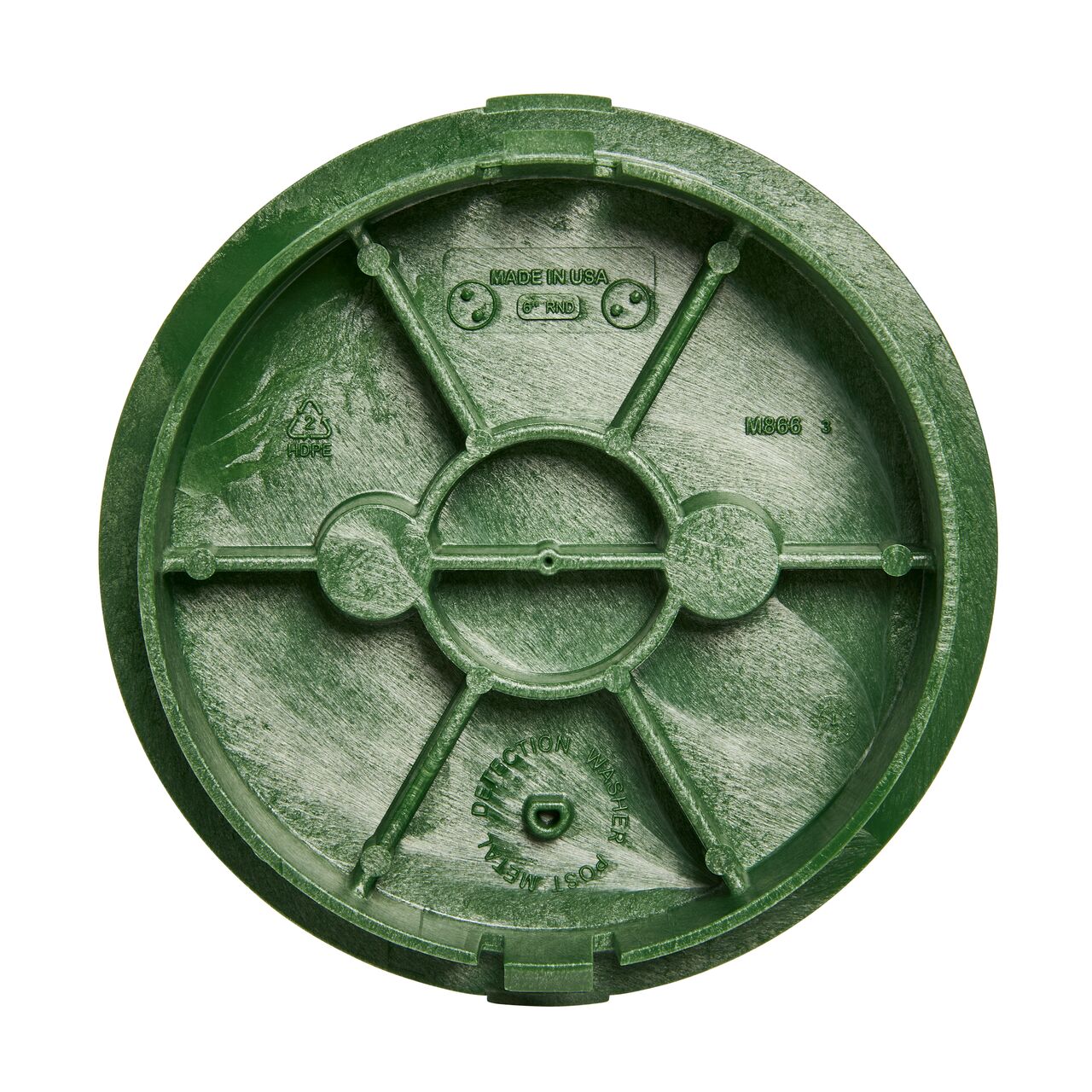 Top down view of the underside side of the Green Irrigation Control Valve cover for the NDS 6 in. Round Standard Series (NDS 2108BC) showing reinforcing ribs that are load rated to withstand pedestrian traffic and the rigors of lawn care equipment