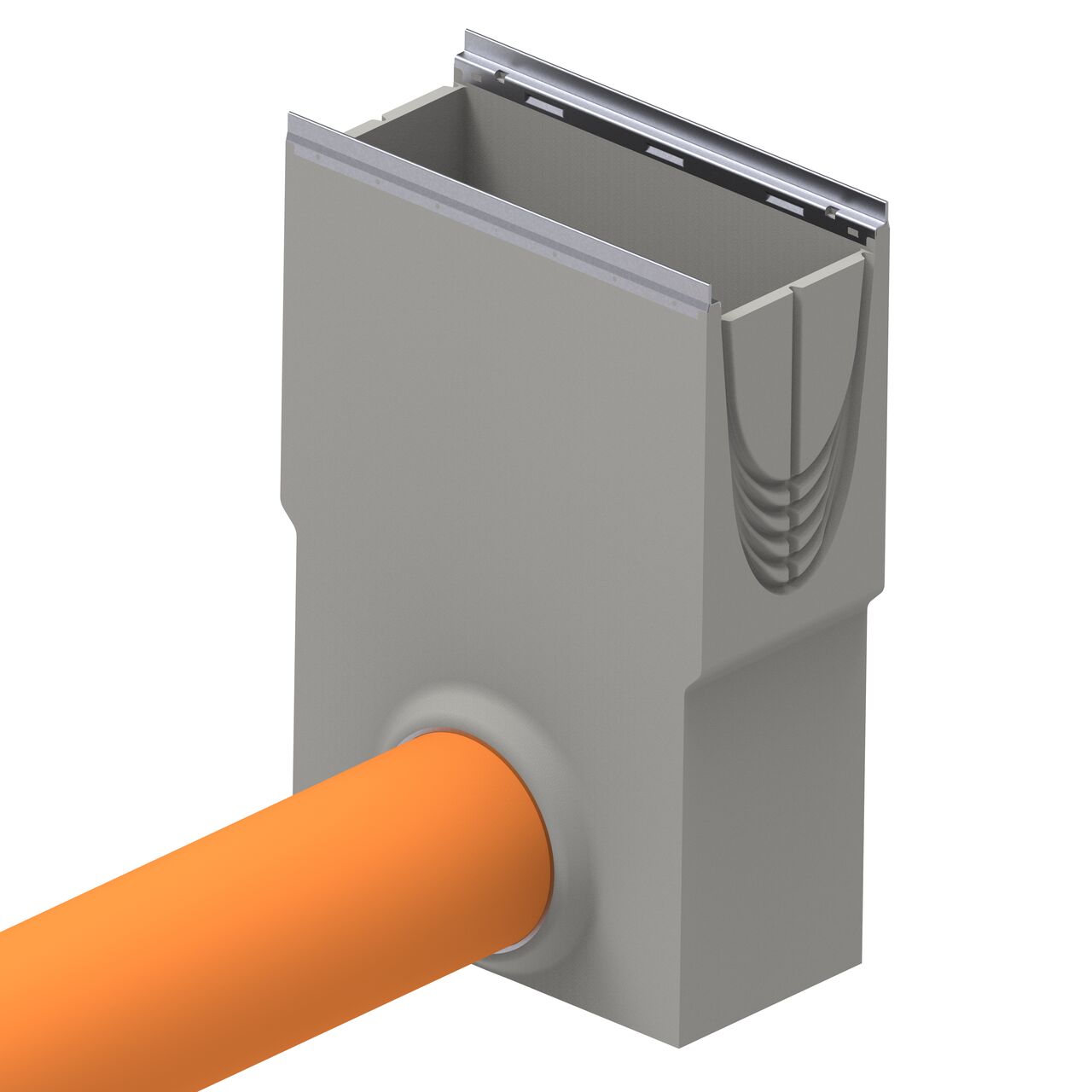 The BG-FILCOTEN® 8 in. pipe connector (NDS 70154) for trench drain catch basins works with the BG-FILCOTEN® 200 Trench Drain Inline Catch Basin Kit (NDS 10620292)