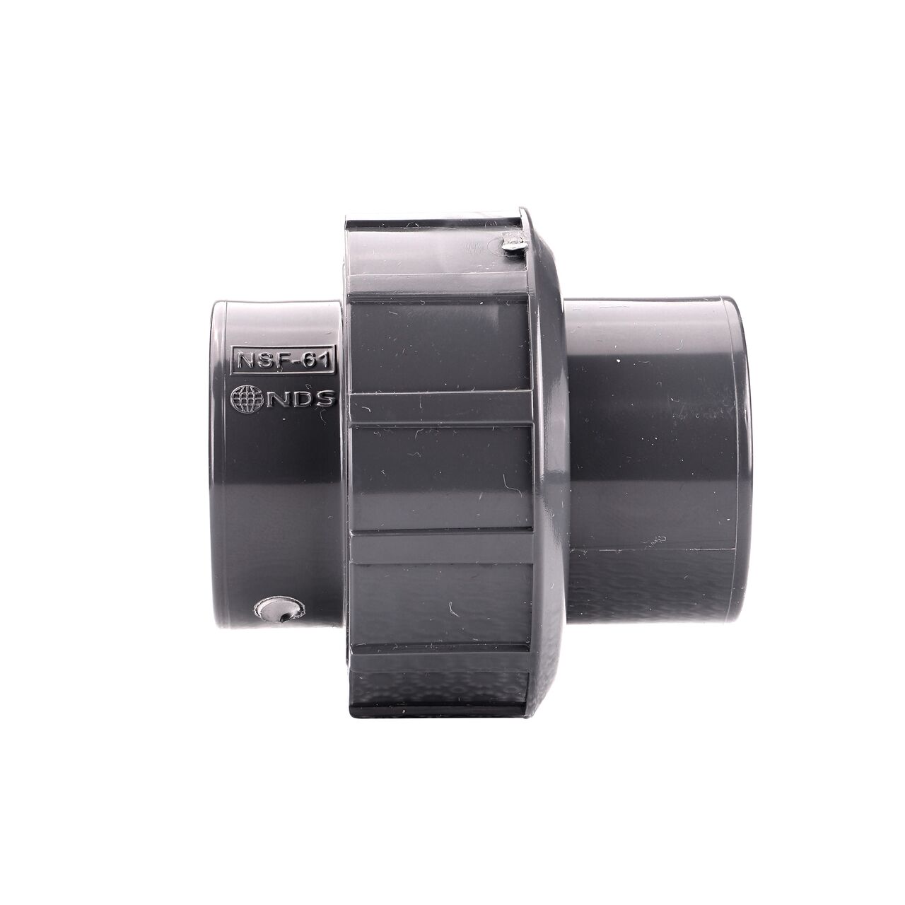 Side view of the NDS 1 in. PVC Union (NDS U-1000-T) shows both threaded ends and a pull-apart feature to quickly disconnect from pipes