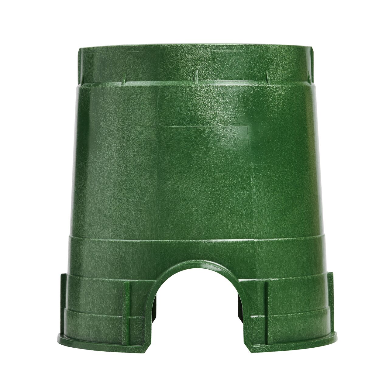 Side view of the pipe hole side on the NDS Green plastic 6 in. Round Standard Series Valve Box (NDS 2108B) showing both pipe holes available to connect valves to your irrigation system