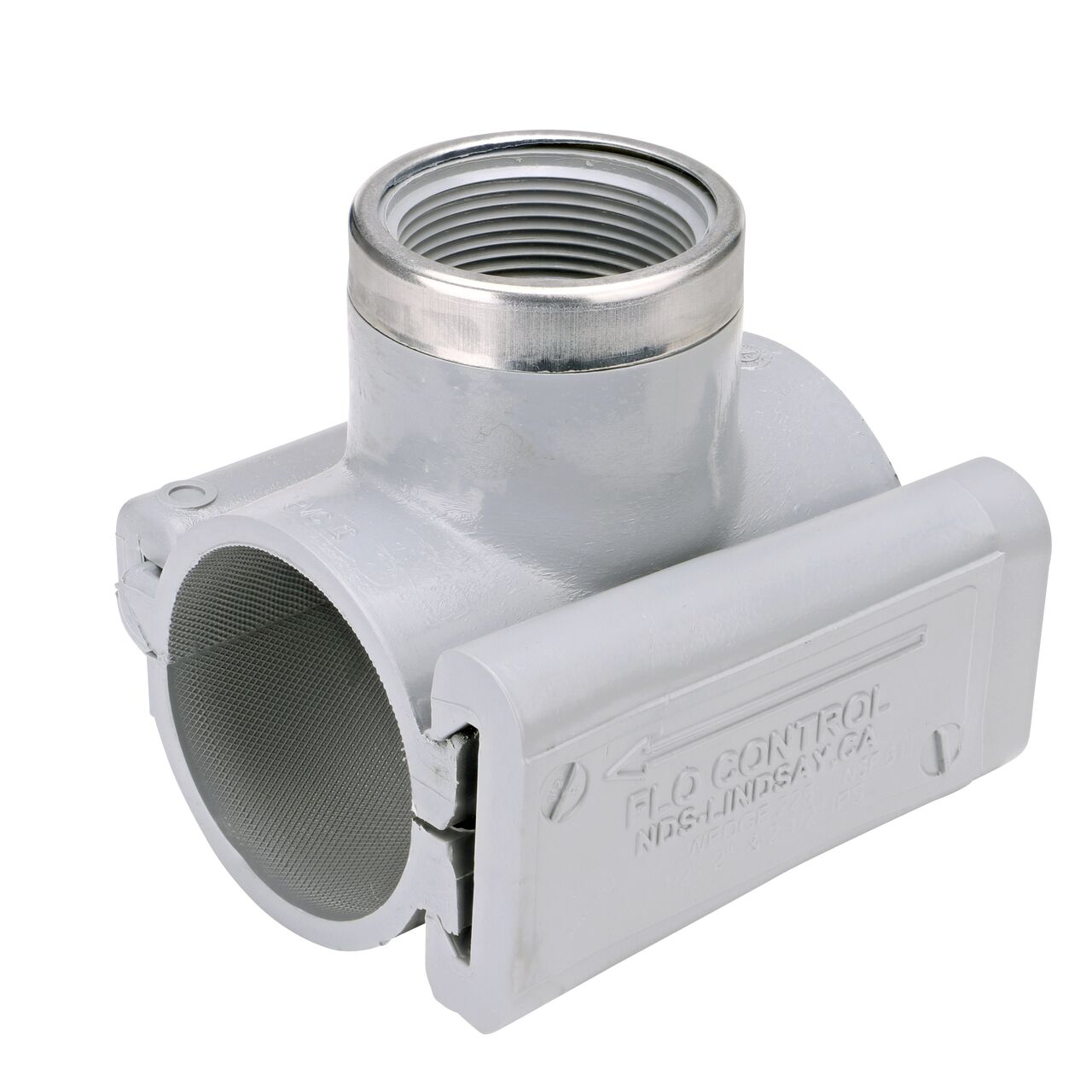 The NDS Clamp-It™ Rigid PVC Saddle with 1-1/2 in. FPT connection on top (NDS 422015) for 2 in. PVC pipe has a patented wedge design to install a sprinkler irrigation system to existing pipe without any bolts