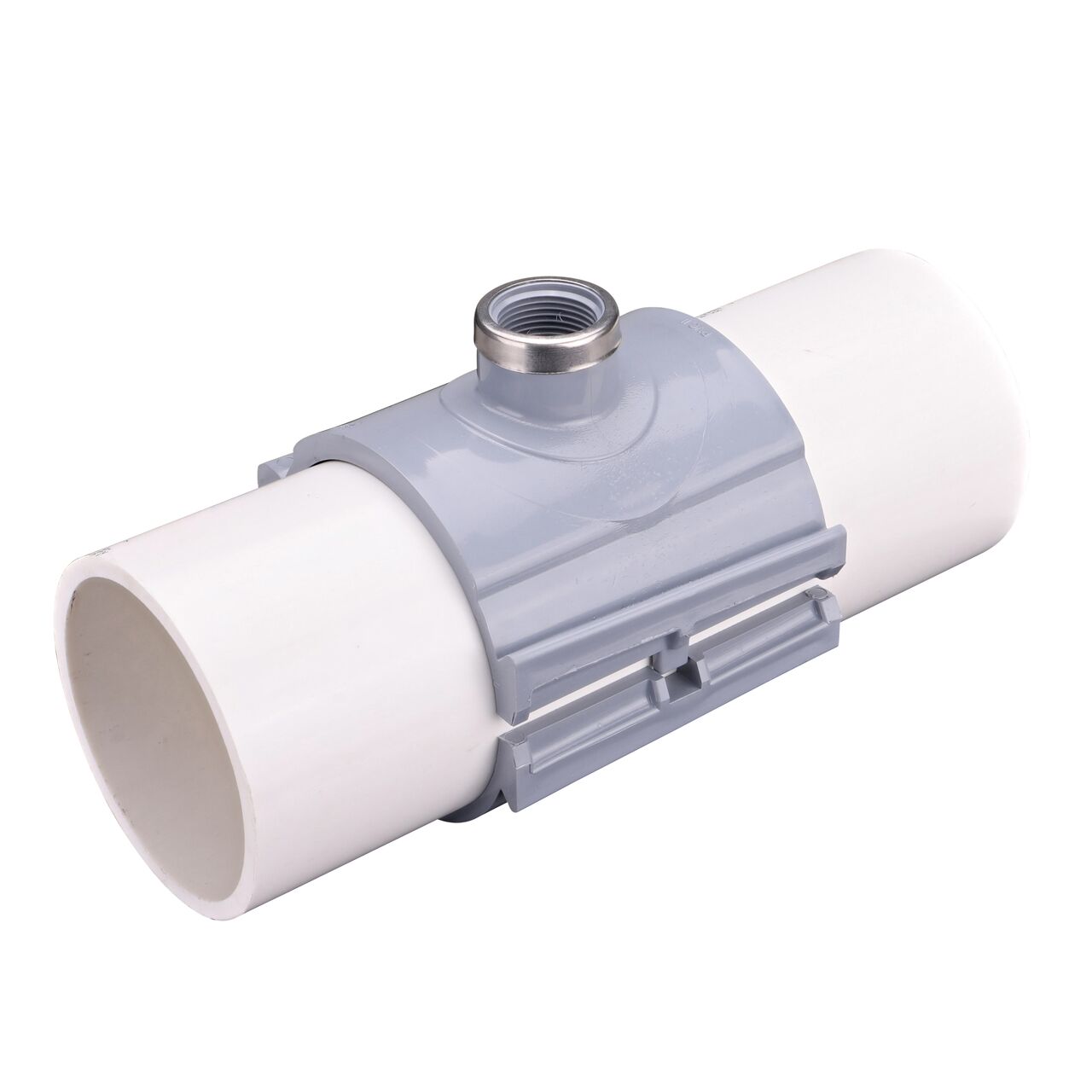The NDS Clamp-It™ Rigid PVC Saddle with 1 in. FPT connection on top (NDS 444010) clamps onto 4 in. PVC pipe