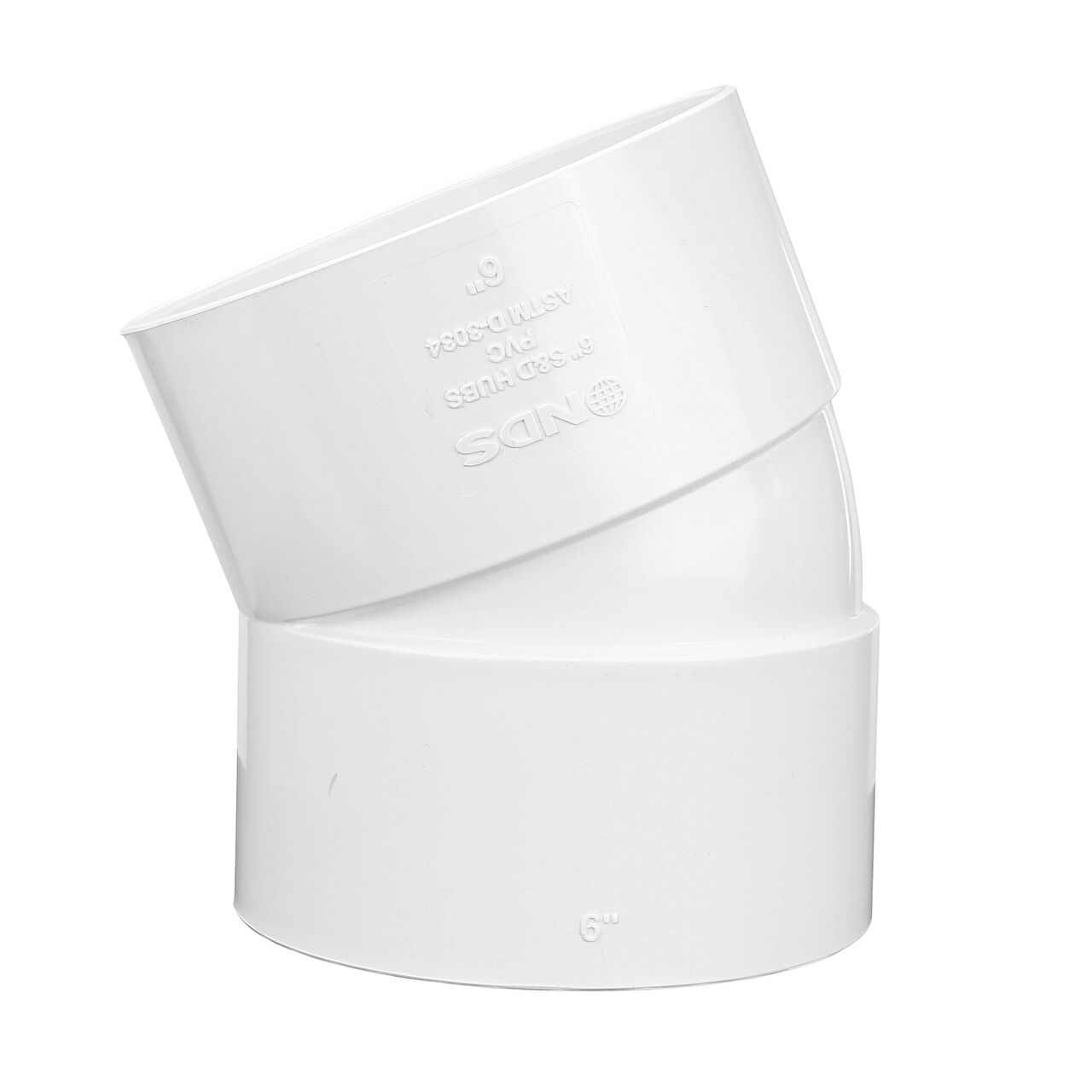 Side view of the PVC 22.5° elbow which connects 6 in. Sewer and Drain pipes, Hub X Hub connection (NDS 6P04, NDS L6P04)