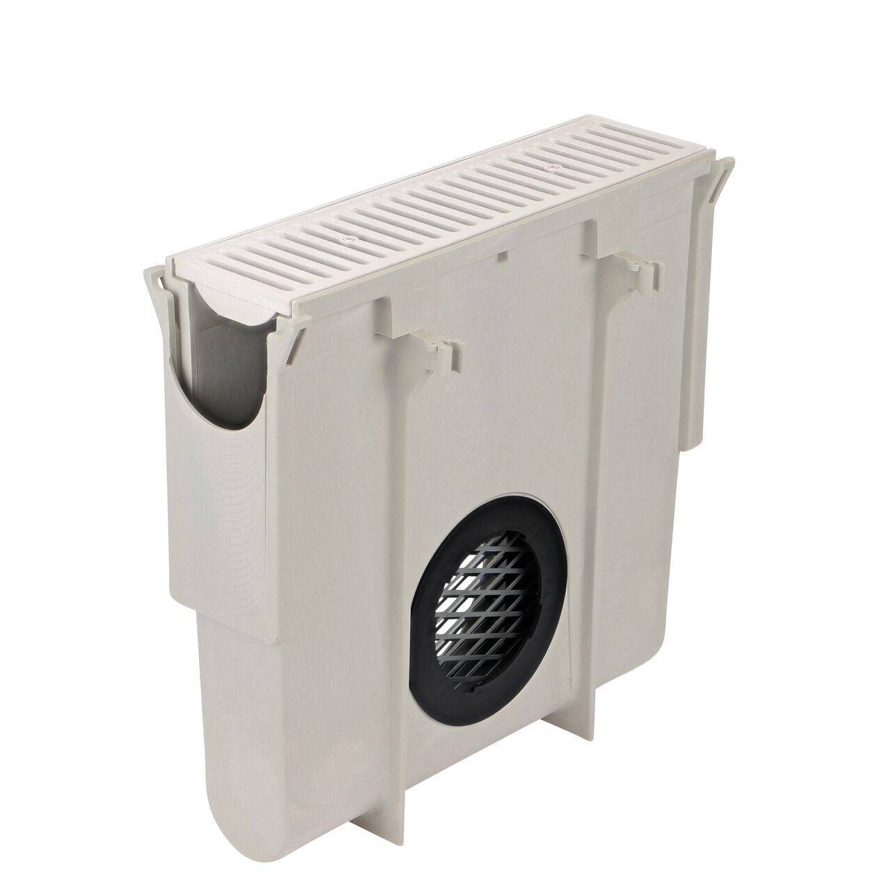 The Dura Slope Trash Bucket (NDS DS-240) fits securely inside the Dura Slope Catch Basin Drain (NDS DS-340) and is easily accessible by removing the grate (NDS 661LG)