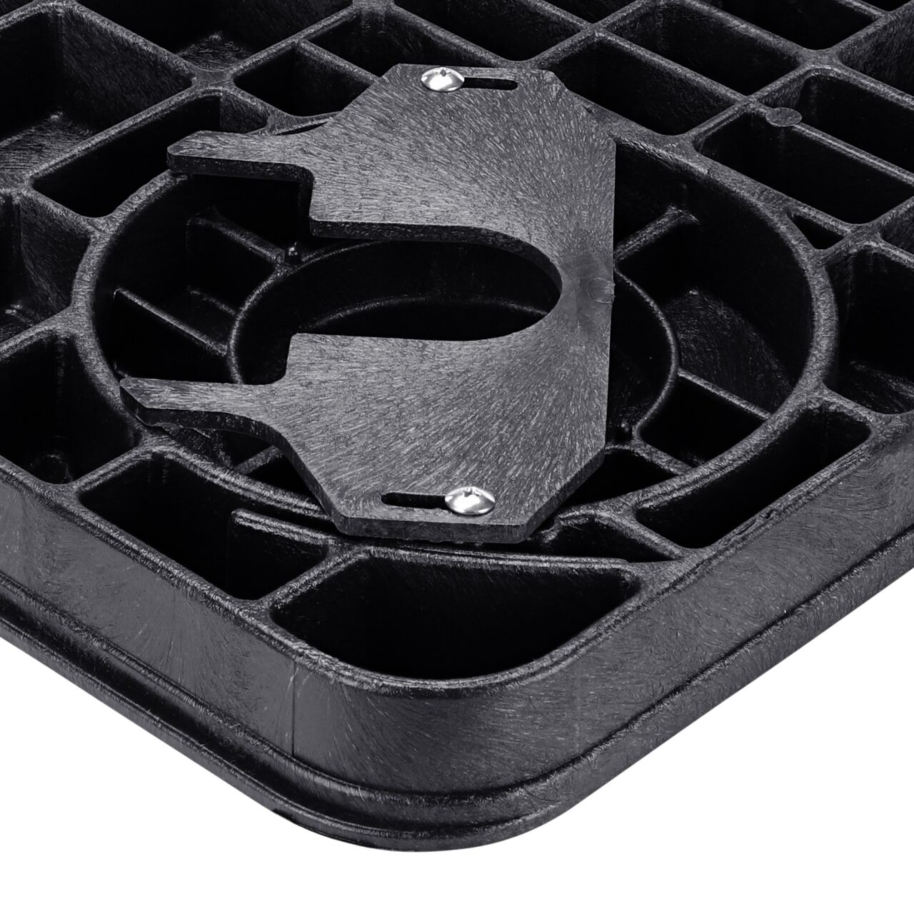 Closeup view of the locking mechanism on the NDS 13 in. X 20 in. Rectangular Locking Drop-In Double AMR Bottom Mount Meter Cover (NDS D15-BAMRL)