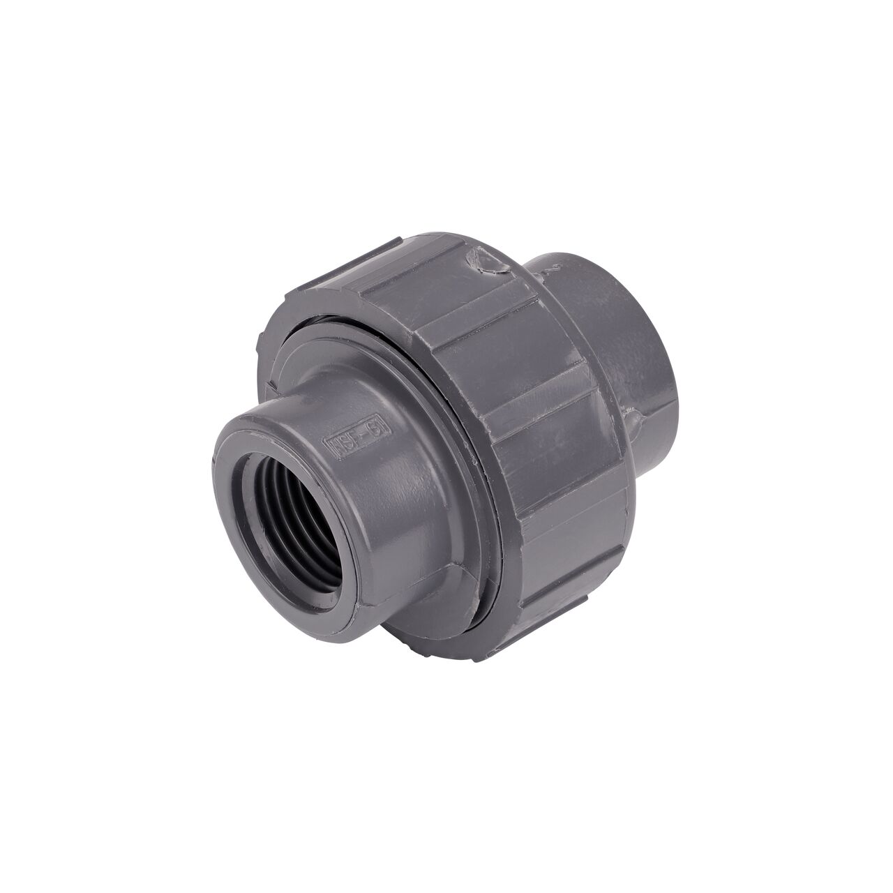 The NDS 1/2 in. PVC FPT Union connects two 1/2 in. schedule 80 pipes with MPT ends to create a leak-resistant connection without the need for traditional glued sealant (NDS U-0500-T)