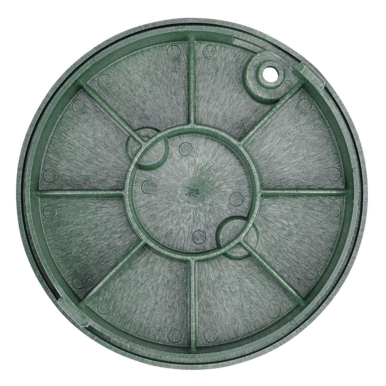 Top down view of the underside side of the Green Irrigation Control Valve Cover for the NDS 10 in. Round Standard Series (NDS 112BC) showing reinforcing ribs that are load rated to withstand pedestrian traffic and the rigors of lawn care equipment