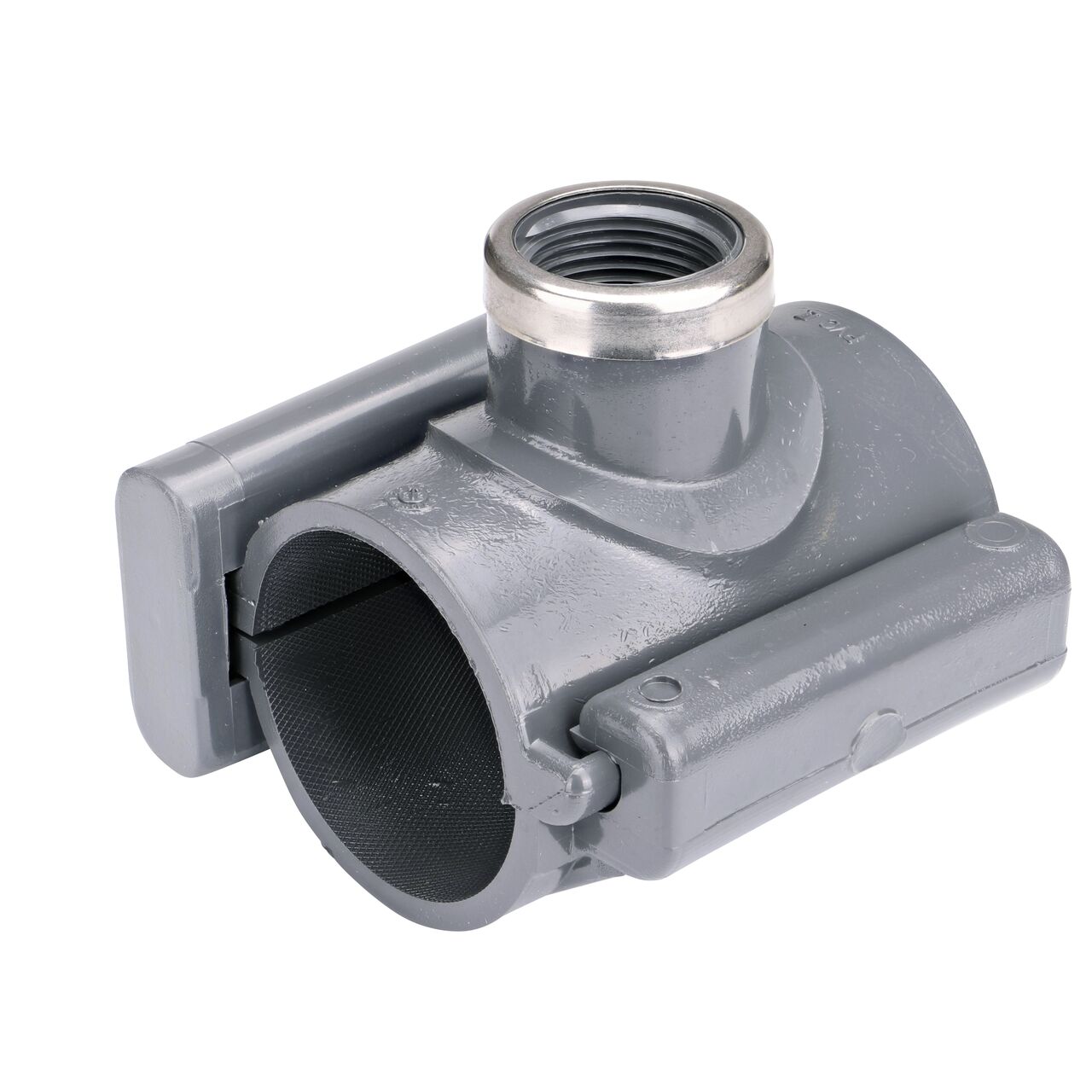 The NDS Clamp-It™ Rigid PVC Saddle with 1 in. FPT connection on top (NDS 422010) for 2 in. PVC pipe has a patented wedge design on one side and hinge on the other to install a sprinkler irrigation system to existing pipe without any bolts