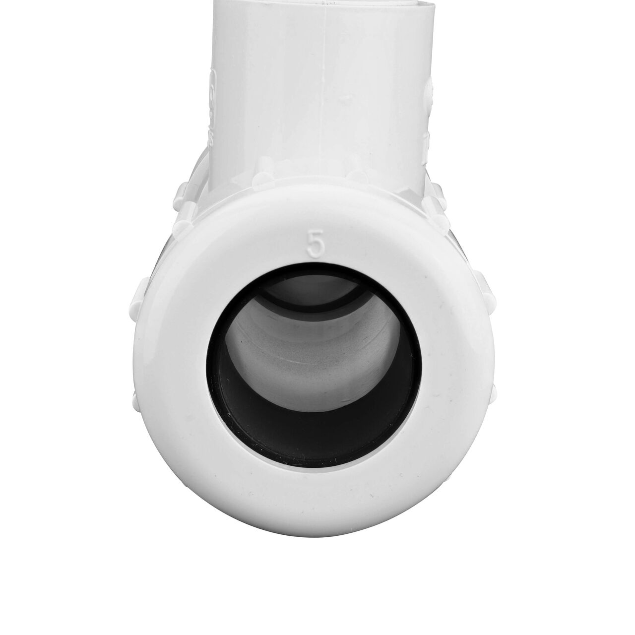 The NDS 3/4 in. IPS UC X S Compression Tee showing the gasket inside the adjustable nut that secures it in place once installed (NDS CPT-0750-S)