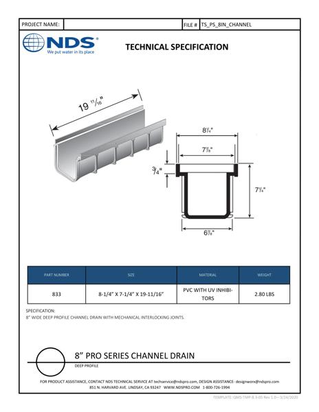 NDS 8 in. Pro Series™ Channel Drain Deep Profile Tech Spec