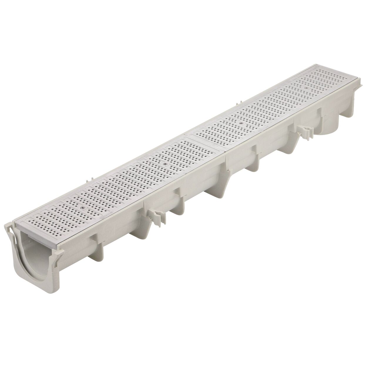 Two light gray plastic Perforated Dura Slope™ Channel Drain Grate (NDS DS-670) fits on one Dura Slope Channel Drain (NDS DS-091)