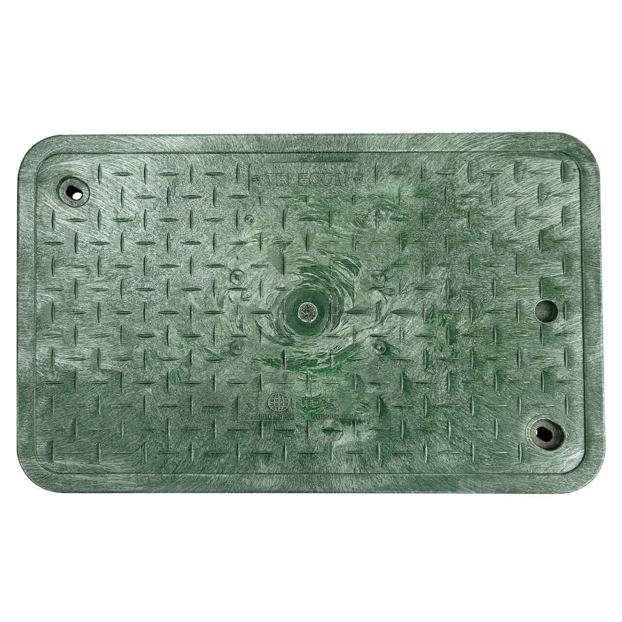 Top down view of the top side of the Green Telecom cover for the NDS 13 in. X 24 in. Rectangular Pro-Spec® Series Valve Box (NDS 322BCBT) showing the Green Telecom markings