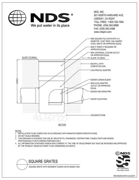 NDS Square Drainage Grates with Sediment Elbow Catch Basin Tee Sewer Tee Installation Detail
